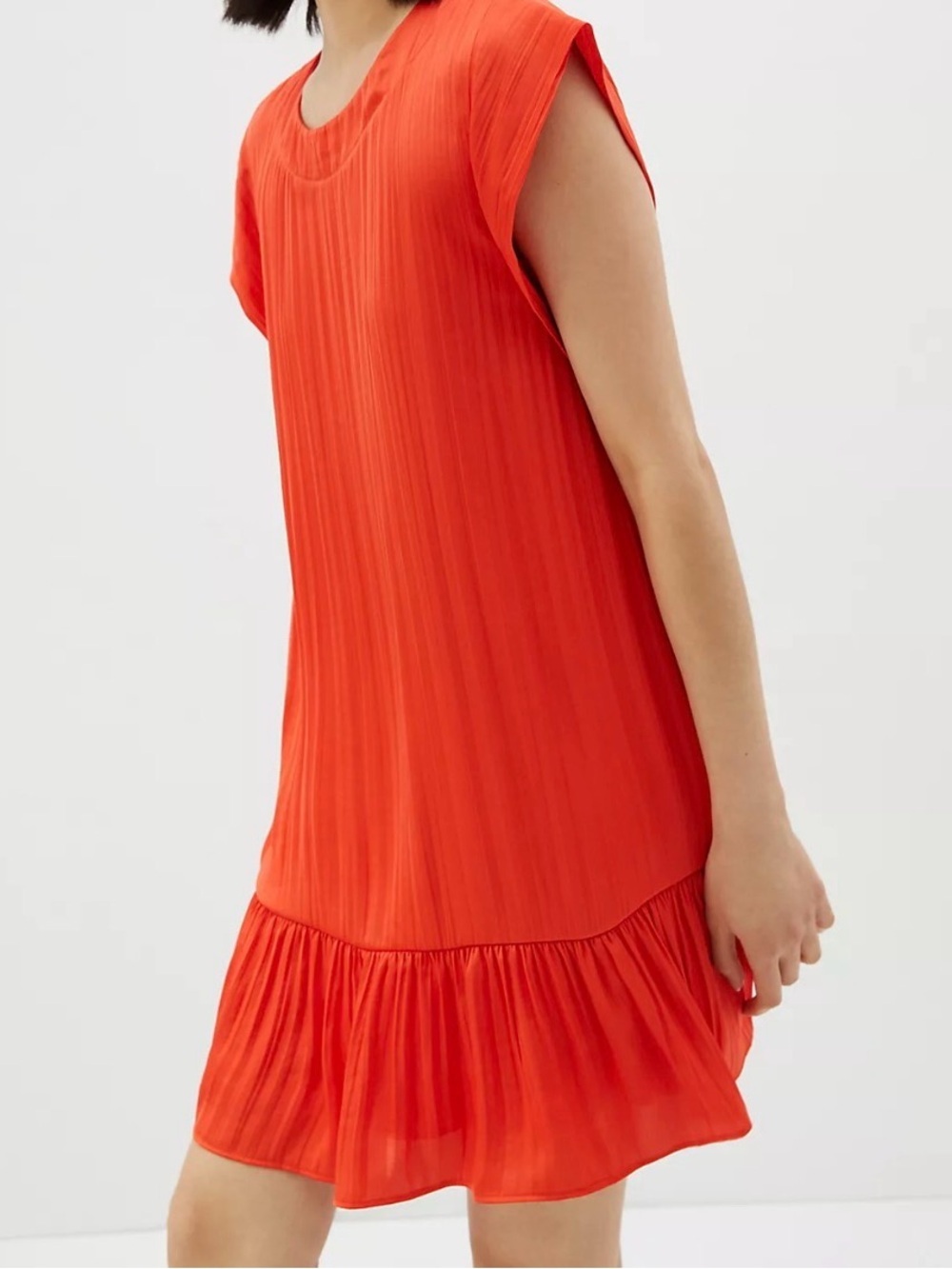 Maeve by Anthropologie Pleated Shift Dress Medium Orange Red Ruffle Hem Lined